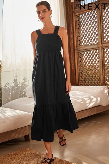 Black Cotton Maxi Shirred Dress skinny (C24847) | £35