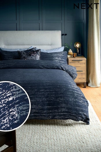 Navy Blue Textured Jacquard Chenille Duvet Cover and Pillowcase Set (C24905) | £55 - £85