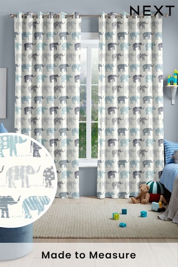 Azure Blue Kids Patterned Elephants Made To Measure Curtains (C25541) | £82