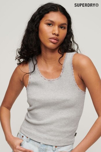 Superdry Light Grey Organic Cotton Vintage Lace Trim Vest Top (C25655) | £18