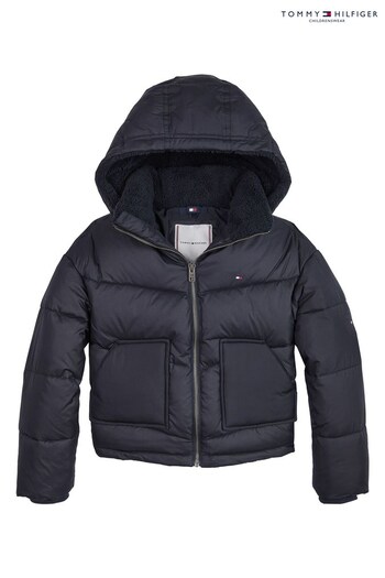 Tommy Authentic Hilfiger Blue Chevron Teddy Borg Lined Puffer Coat (C25961) | £150 - £170