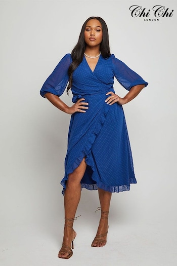 Chi Chi London Blue Short Sleeve Dobby Wrap Midi Dress (C25965) | £65
