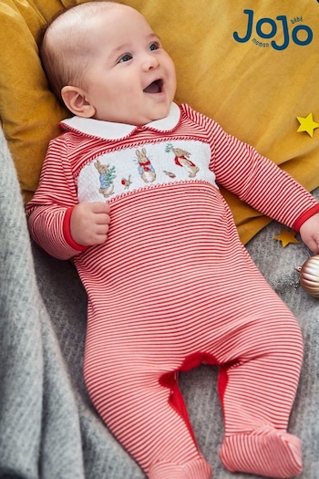 JoJo Maman Bébé Red Peter Rabbit Smocked Christmas Sleepsuit And Hat Set (C26157) | £13