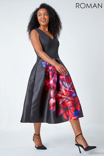 Roman Black Petite Premium Stretch Floral Skater Dress (C26220) | £75