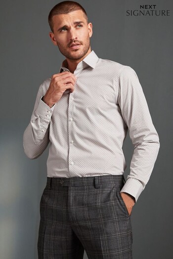 Neutral Brown Geometric Slim Fit Single Cuff Signature Trimmed Shirt (C26630) | £40