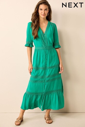 Green Lace Trim Button Through Dress (C27423) | £46