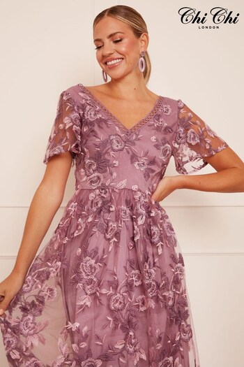 Chi Chi London Purple V-Neck Embroidered Midi Dress (C27426) | £98