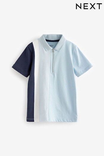 Light Blue/Navy Vertical Panel Short Sleeve Zip Neck Polo 0N601 Shirt (3-16yrs) (C28151) | £13 - £19
