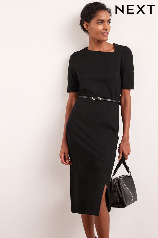 Black Tailored Ponte Belted Midi Dress (C28209) | £42