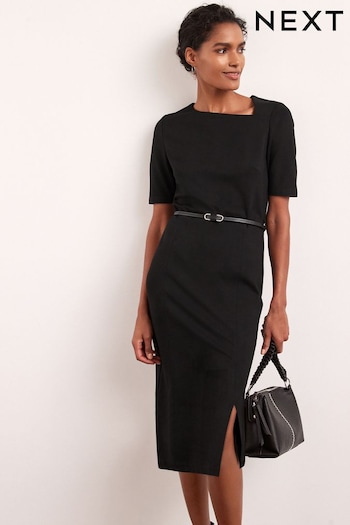 Black Tailored Ponte Belted Midi Dress Jeannie (C28209) | £40