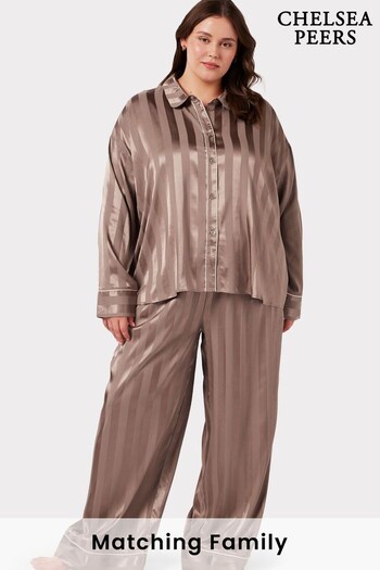 Chelsea Peers Brown Curve Satin Jacquard Stripe Long Pyjama Set (C28347) | £55