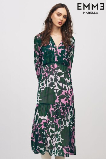 Emme Marella Green/Pink Halle Floral Tiered Midi Dress (C28557) | £198