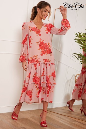 Chi Chi London Pink Long Sleeve Floral Printed Midi Summer Dress (C28622) | £73