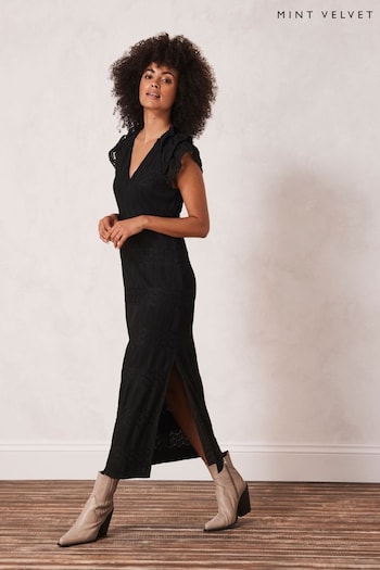 Mint Velvet Black Lace Ruffle Midi Dress (C28908) | £129