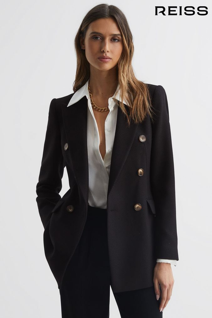Reiss Black Laura Double Breasted Twill Blazer (C28970) | £298