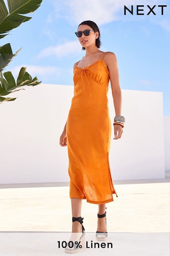 Orange Rochelle 100% Linen Ruffle Midi Summer Dress (C29102) | £52
