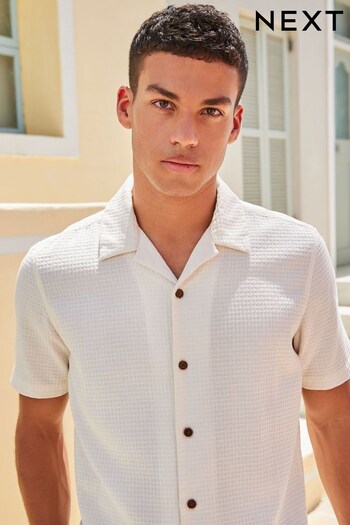 White Textured Short Sleeve Shirt With Cuban Collar (C29127) | £15