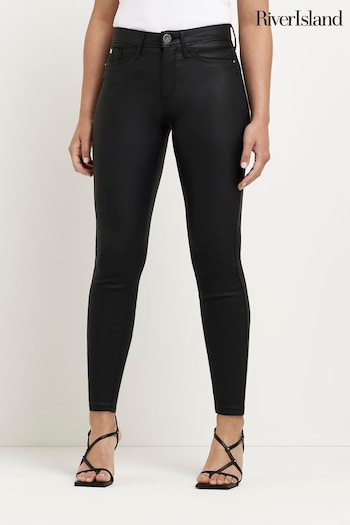 River Island Black Petite Mid Rise Coated Skinny Jeans Twist-Front (C29146) | £49