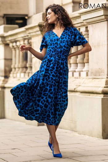 Roman Blue Abstract Angel Sleeve Midi Stretch Dress (C29180) | £42