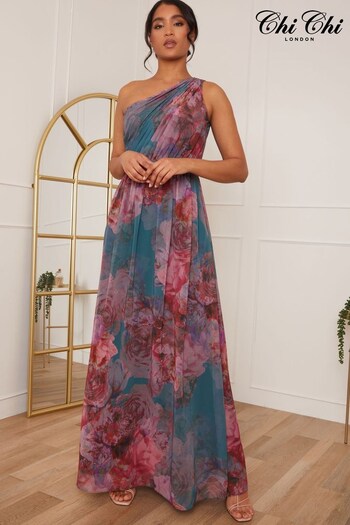 Chi Chi London Multi One Shoulder Floral Print Maxi Dress (C29192) | £98