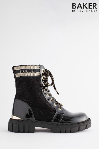 Baker by Ted Baker Girls Quilted Lace Up Black Boots with Gold Trims (C29548) | £58 - £60