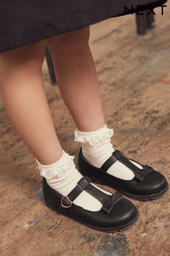 Black Standard Fit (F) School Junior Bow T-Bar Leon Shoes (C29557) | £18 - £24