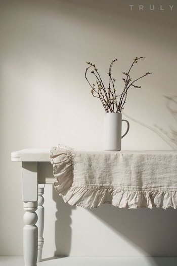 Truly Grey Linen Ruffle Table Cloth (C30238) | £125