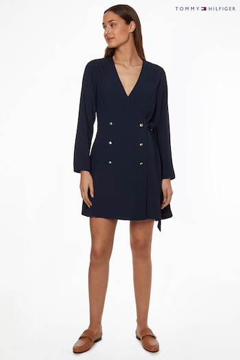 Tommy Hilfiger Blue Crepe Wrap Midi fitted Dress (C30559) | £180