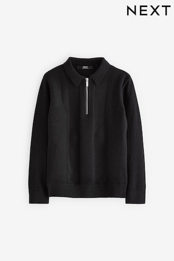 Black Textured Knit Zip Neck Long Sleeve Polo Pique Shirt (3-16yrs) (C30881) | £15 - £20