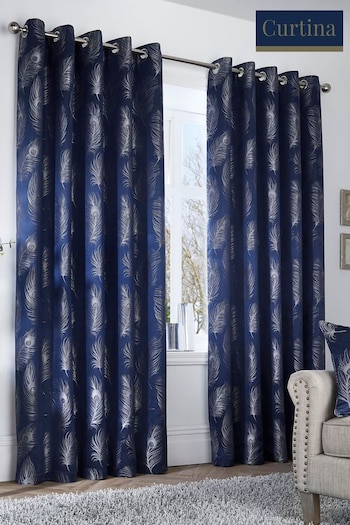 Curtina Blue Feather Jacquard Lined Eyelet Curtains (C31937) | £42 - £110