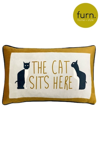 furn. Ochre Yellow Kitta Sits Here Printed Velvet Cushion (C32079) | £19