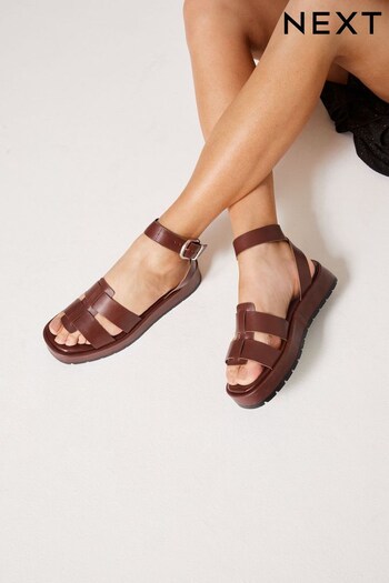 Tan Brown Forever Comfort® Leather Platform Chunky GRAY Sandals (C32157) | £45