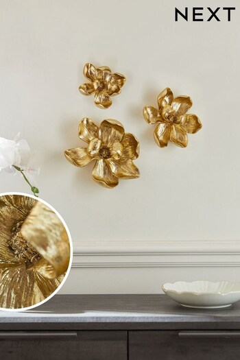 Set of 3 Gold Orchid Flower Wall Art (C32575) | £28