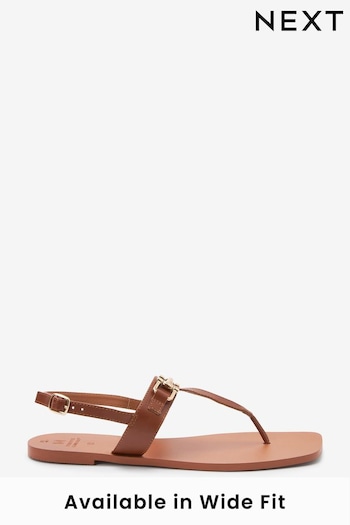 Tan Brown Regular/Wide Fit Leather Toe Post Flat Sandals with Metal Detail (C32865) | £29