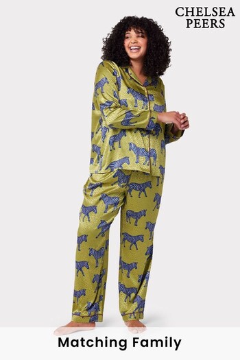Chelsea Peers Green Curve Jacquard Satin Zebra Print Long Pyjama Set (C33007) | £55
