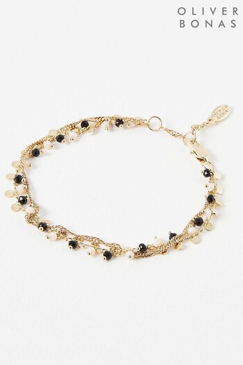 Oliver Bonas Marika Discs And Beads Double Row Layered Chain Black Bracelet (C33618) | £22