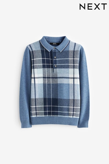 Navy Check Long Sleeve Knitted Patterned Polo Coats Shirt (3-16yrs) (C33752) | £13 - £18