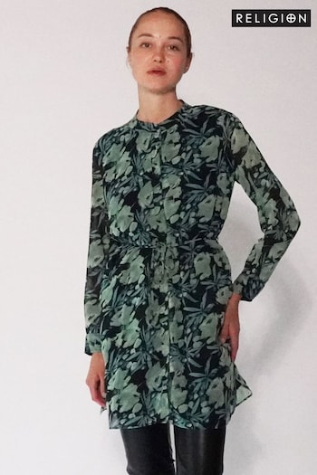 Religion Green Long Line Tunic Shirt looks Dress In Hand-Painted Prints (C33815) | £60