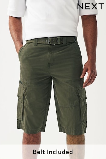 Khaki Green Long Length Belted Cargo Shorts (C34074) | £35
