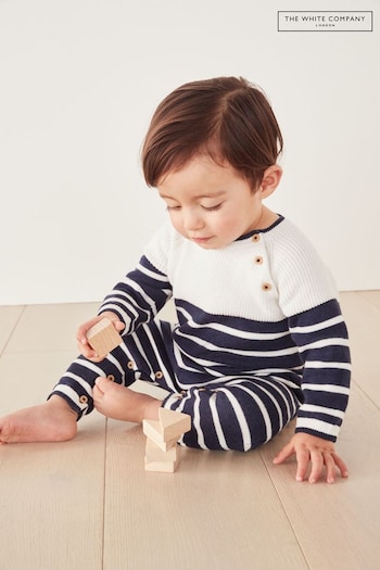 The White Company Baby Blue Breton Knitted Romper (C34136) | £36