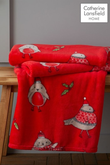 Catherine Lansfield Red Teddy Christmas Robins Warm And Cosy Fleece Throw (C34164) | £16