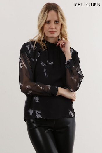 Religion Black High Neck Sheer Solid Long Sleeve top (C34187) | £60