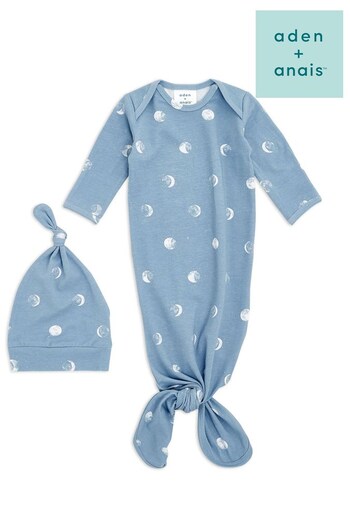 Aden + Anais Blue Comfort Knit Knotted Gown Plus Hat Set (C34246) | £28