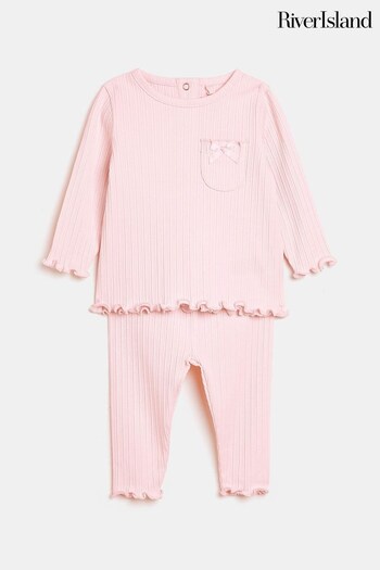 River Island Pink Baby Girls Pocket Long Sleeve Rib Set (C34426) | £14