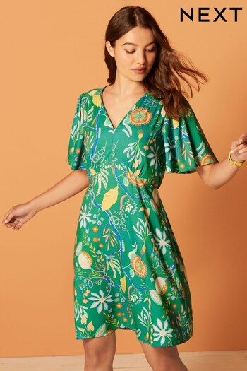 Scion Green Floral Print Angel Sleeve Mini Dress (C34574) | £35