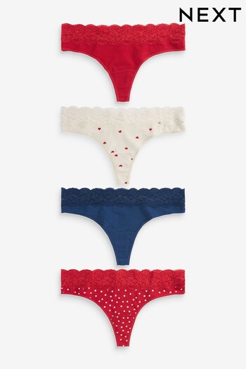 Heart Print Thong Lace Trim Cotton Blend Knickers 4 Pack (C34808) | £15