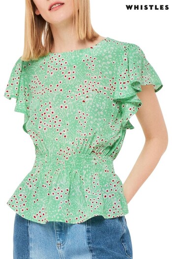 Whistles Green Daisy Meadow Frill Sleeve Top (C34843) | £79