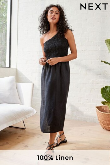 Black 100% Linen One Shoulder Midi Summer Dress (C34945) | £55