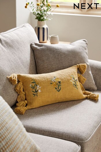 Ochre Yellow Textured Floral Embroidered Oblong Cushion (C35108) | £18