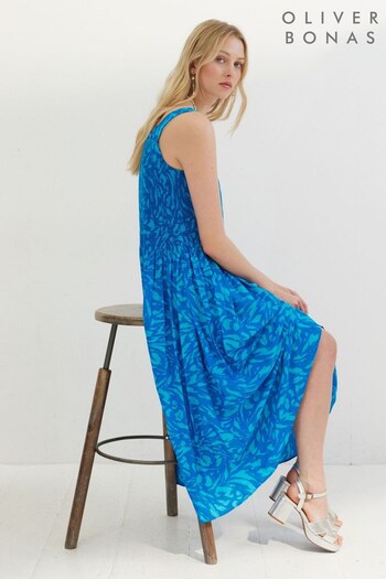 Oliver Bonas Blue Texture Print Strappy Midi Dress (C35267) | £85